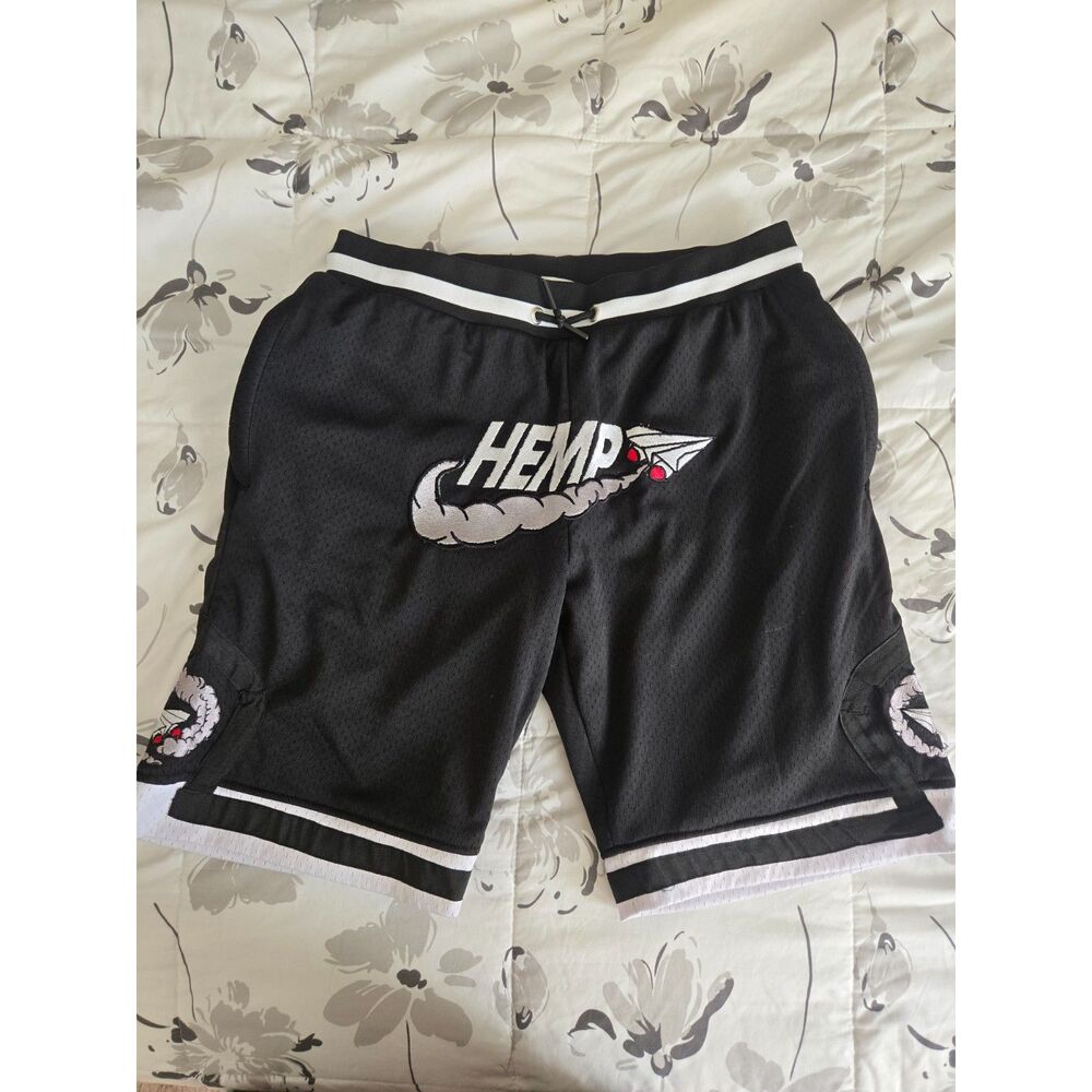 Hemp Basketball Shorts Men's 2XL Black Embroidered Graphic Mesh Drawstring